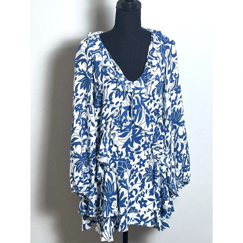 Free People Rebecca Ruffle Cottagecore Dress Whimsy Blue White XS